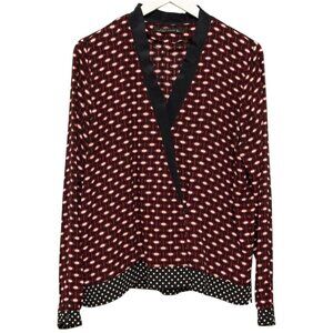 ZARA Blouse Large Black Red Geometric Print Cross Front Womens Top